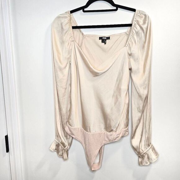 Paige Bodysuit Women's Small Satin Beige‎ Square Neck 100% Polyester Stretch - Picture 2 of 9